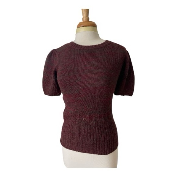 Moda International Burgundy Short Sleeve Sweater with Leaf Lace Pattern - Picture 1 of 5